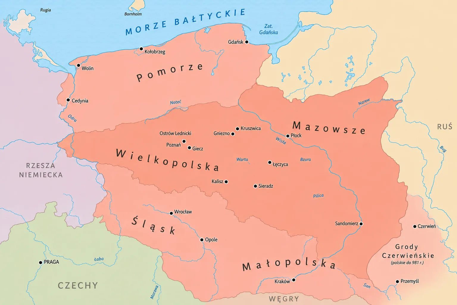 Mapa zasięgu państwa — Ziemie Polan — Wielkopolska (Gniezno, Poznań), Kujawy, Mazowsze oraz przyłączane Pomorze i Śląsk.