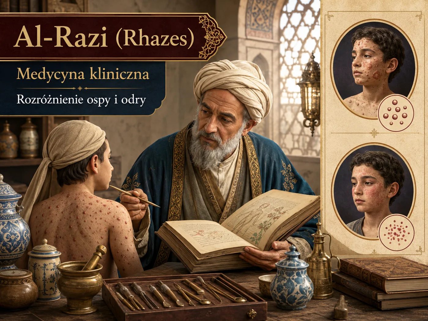 Ilustracja medycyny klinicznej — lekarz przy łożu chorego w szpitalu złotego wieku islamu, zioła i manuskrypty.