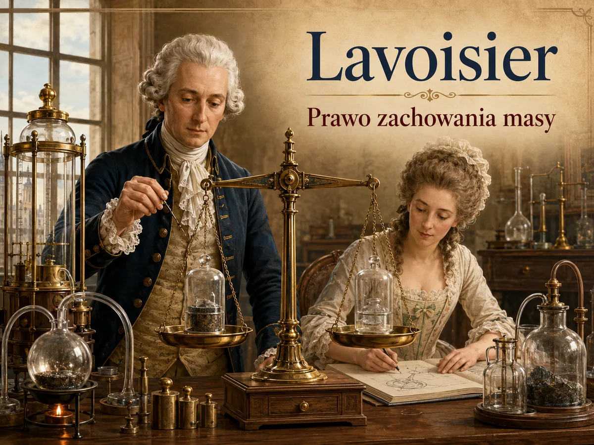 Ilustracja prawa zachowania masy Lavoisiera — waga i naczynia w reakcji chemicznej: masa substratów równa masie produktów.