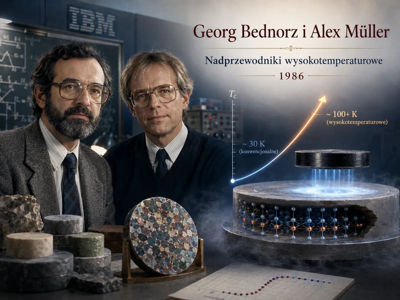 Ilustracja nadprzewodników wysokotemperaturowych — ceramiczna próbka lewitująca nad magnesem w oparach ciekłego azotu.