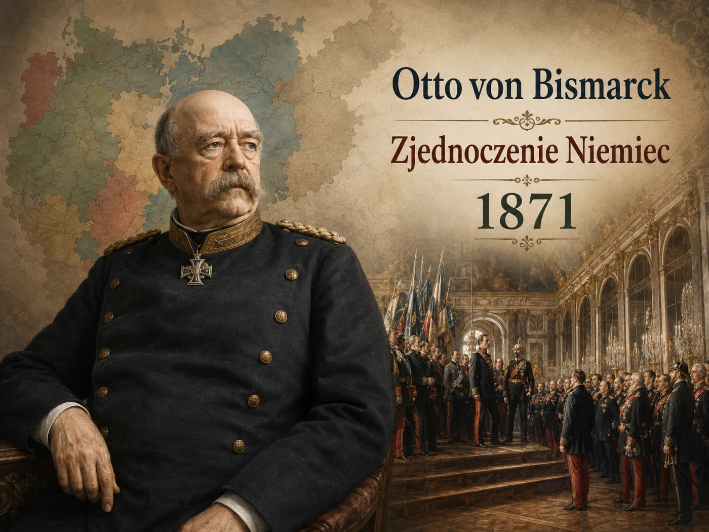 Ilustracja zjednoczenia Niemiec — Bismarck wśród książąt proklamujących cesarstwo.
