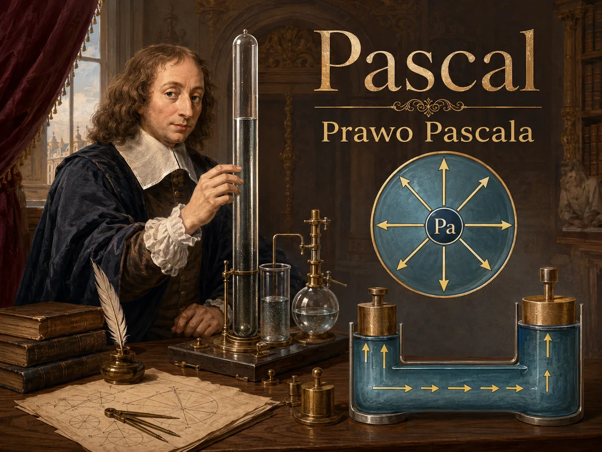 Ilustracja prawa Pascala — ciśnienie w zamkniętej cieczy rozchodzące się równomiernie we wszystkich kierunkach (zasada prasy hydraulicznej).
