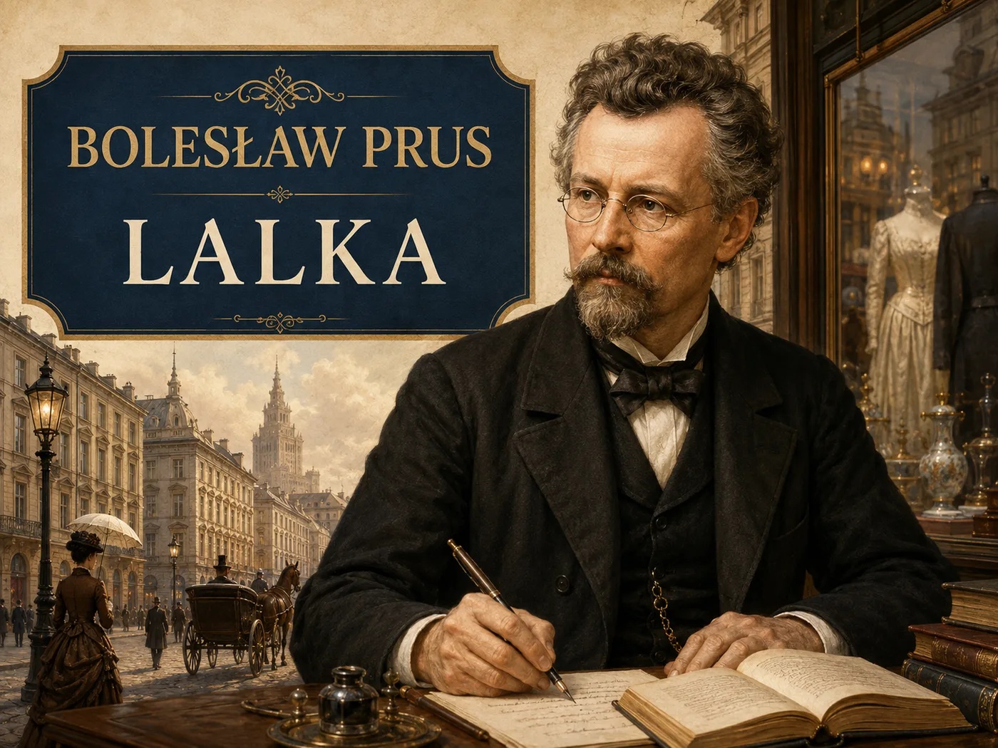 Ilustracja „Lalki” Prusa — ulice XIX-wiecznej Warszawy i sklep Wokulskiego.