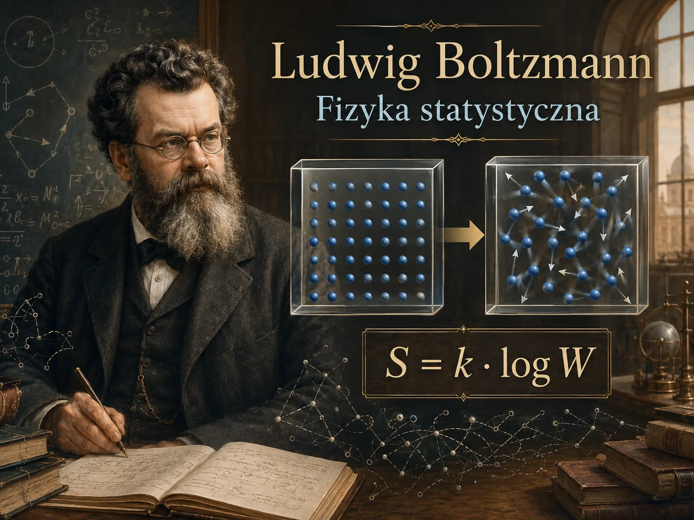 Ilustracja fizyki statystycznej — chmara cząsteczek gazu w ruchu i wzór Boltzmanna S = k·ln W.