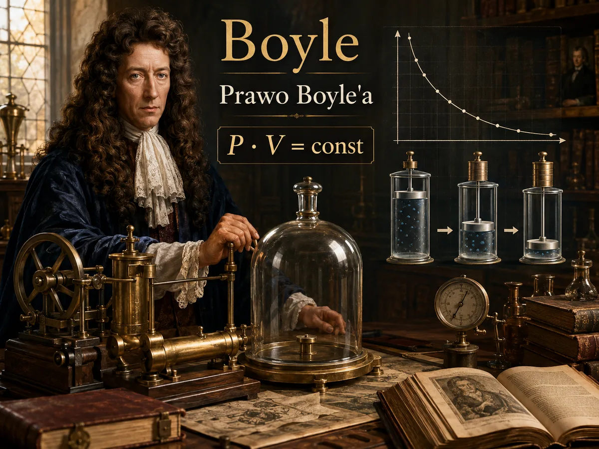 Ilustracja prawa Boyle’a‑Mariotte’a — gaz w cylindrze z tłokiem: gdy maleje objętość, rośnie ciśnienie (przy stałej temperaturze).