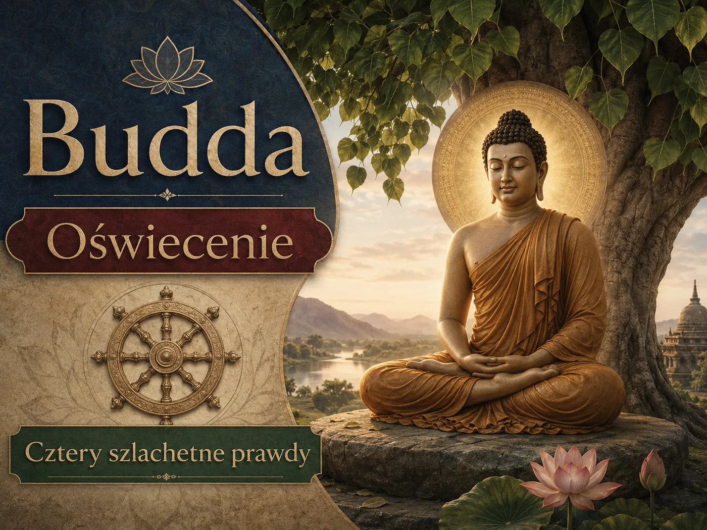 Ilustracja oświecenia Buddy — medytujący mędrzec pod drzewem Bodhi w aureoli spokoju.
