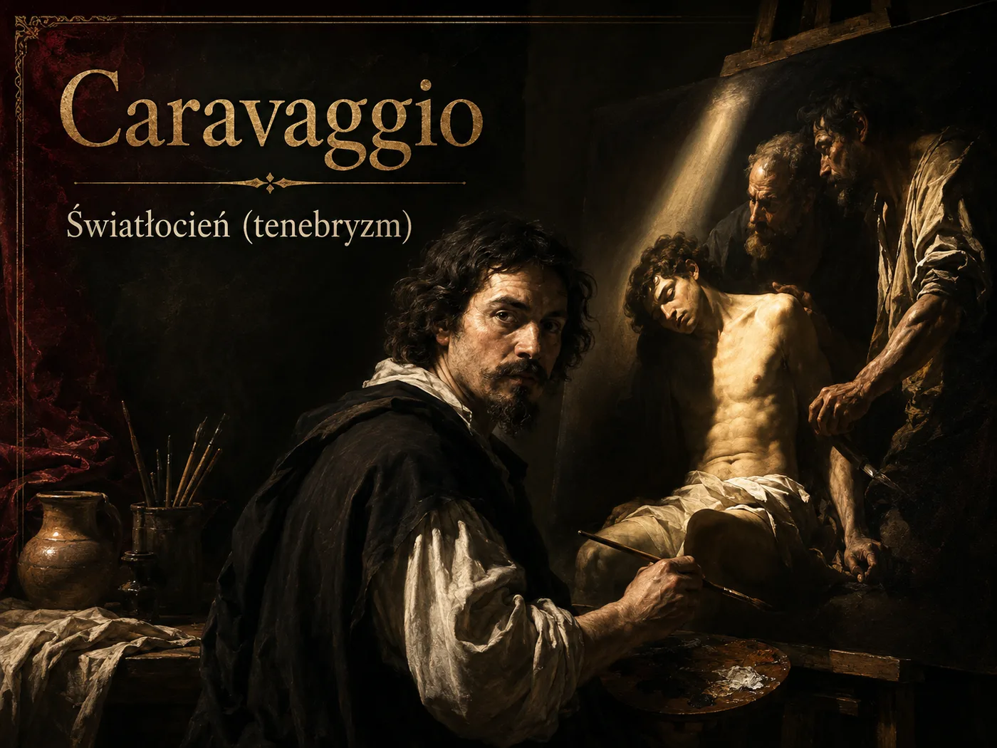 Ilustracja rewolucji światłocienia — barokowa scena, postać wyłaniająca się z mroku w smudze ostrego światła.
