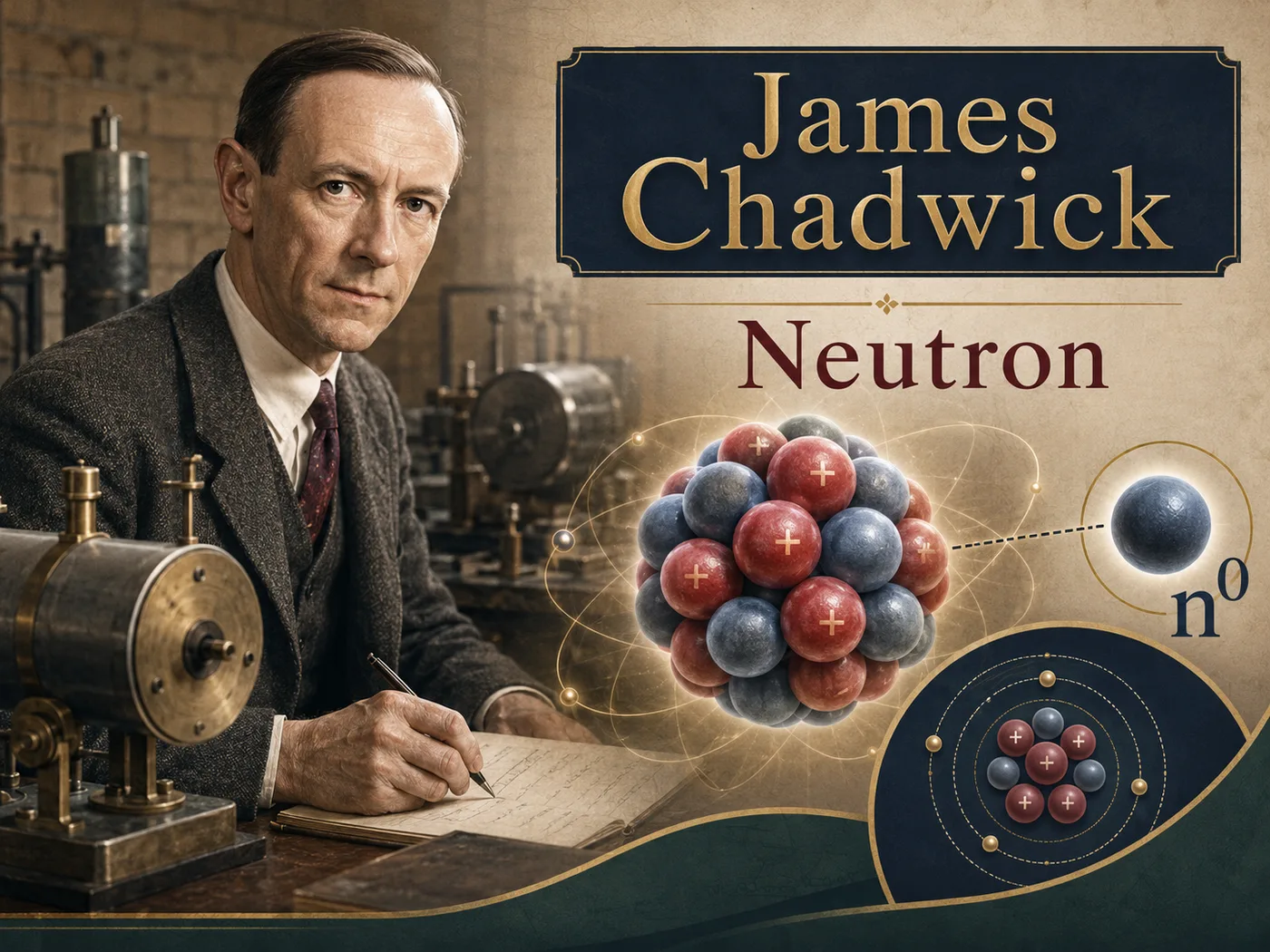 Ilustracja odkrycia neutronu — schemat jądra z protonami i neutronami oraz aparatura doświadczalna.