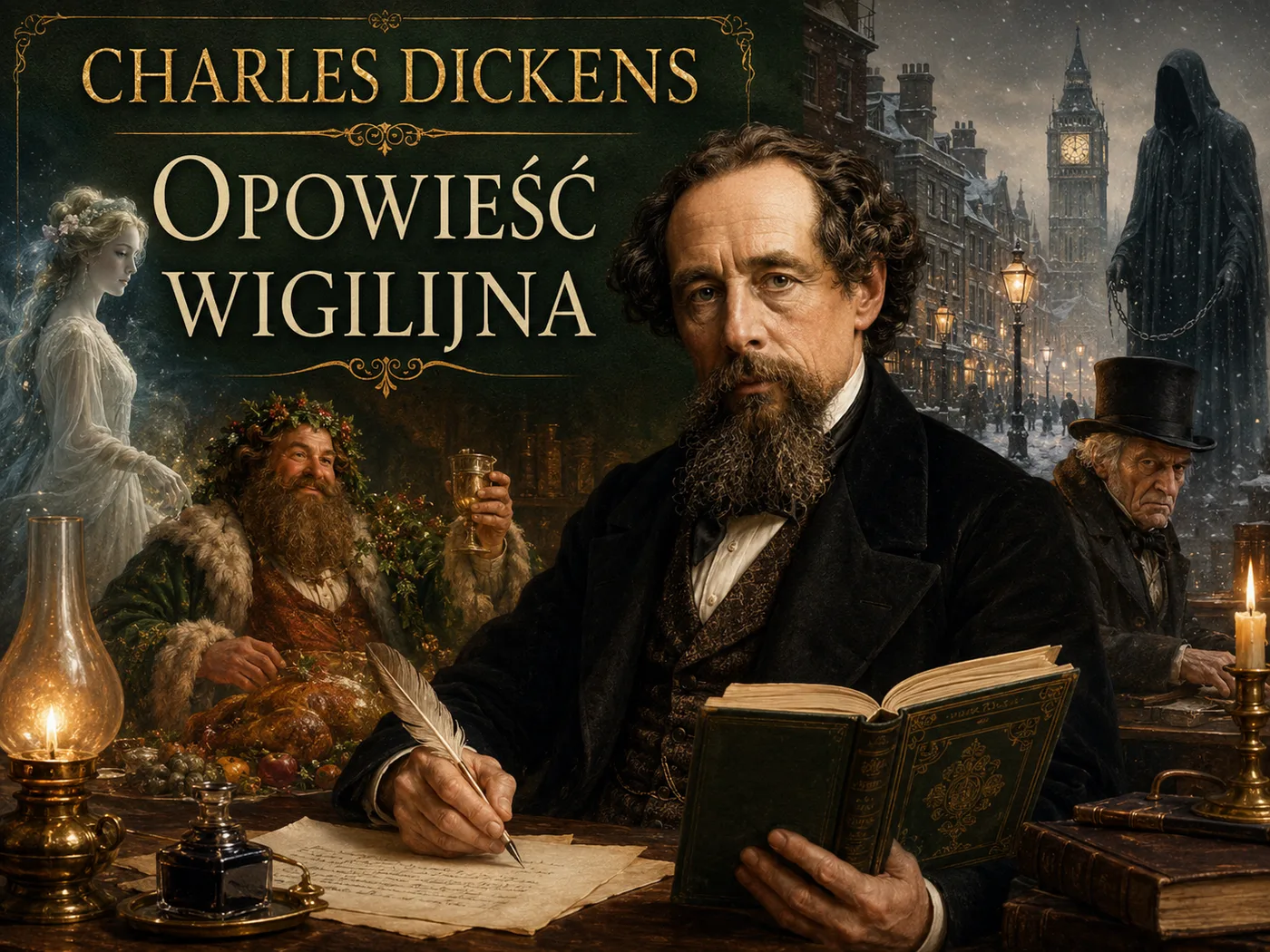 Ilustracja „Opowieści wigilijnej” — Skrooge i duch Wigilii w zaśnieżonym wiktoriańskim Londynie.