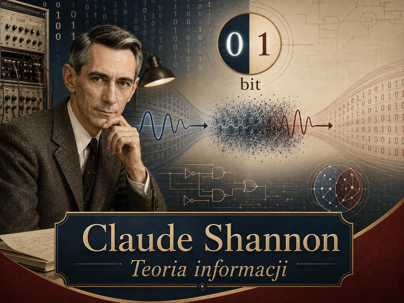 Ilustracja teorii informacji — uczony przy tablicy ze schematem kanału informacyjnego i zapisem binarnym (0/1), motyw sygnału w szumie.