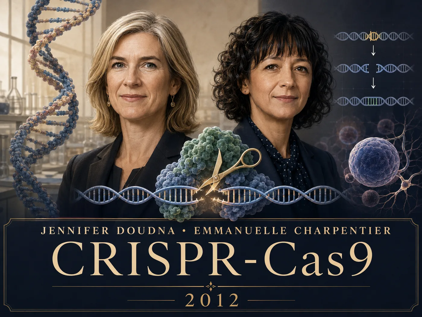 Ilustracja CRISPR-Cas9 — dwie uczone w laboratorium i podwójna helisa DNA przecinana przez molekularne nożyce.