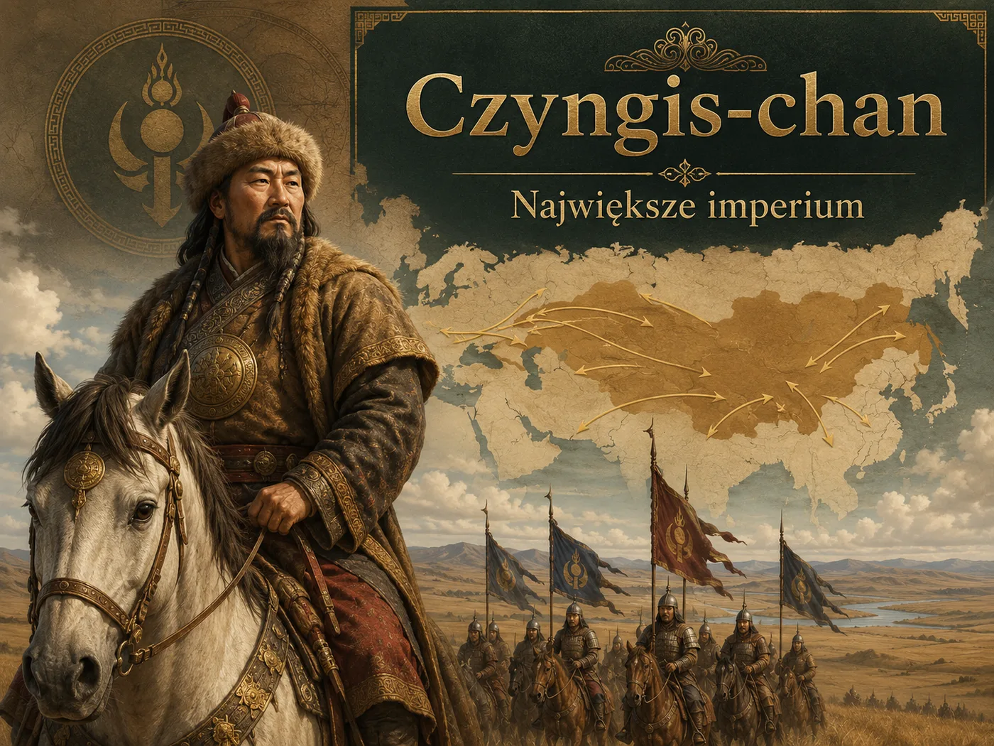 Ilustracja imperium mongolskiego — Czyngis-chan na koniu i konna armia na bezkresnym stepie.