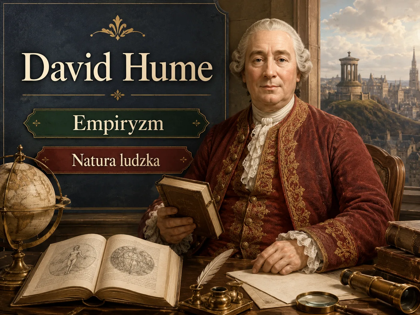 Ilustracja empiryzmu Hume’a — filozof analizujący dane zmysłów jako źródło wiedzy.