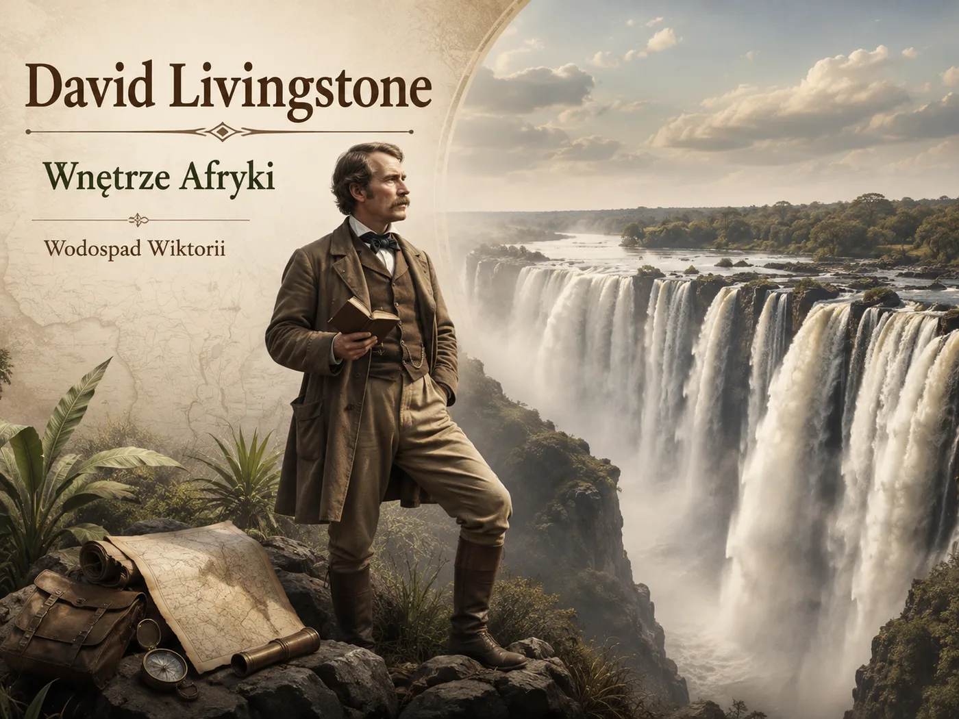 Ilustracja wypraw Livingstone’a — badacz nad wodospadami Wiktorii w sercu Afryki.