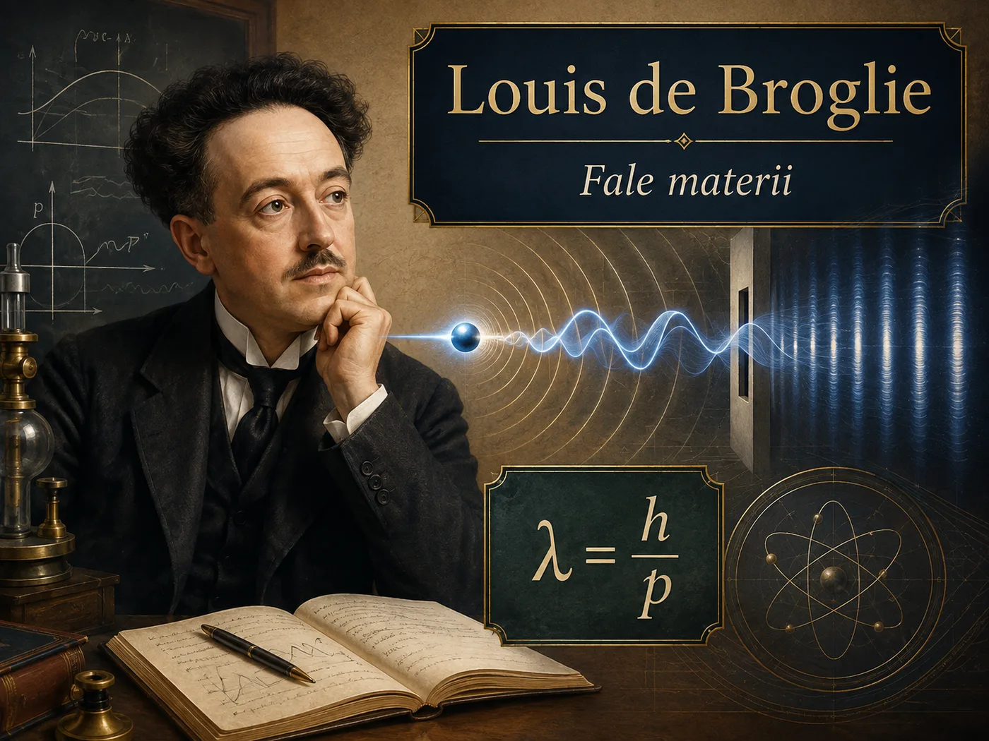 Ilustracja fal materii de Broglie’a — elektron ukazany zarazem jako cząstka i rozchodząca się fala, motyw dyfrakcji.