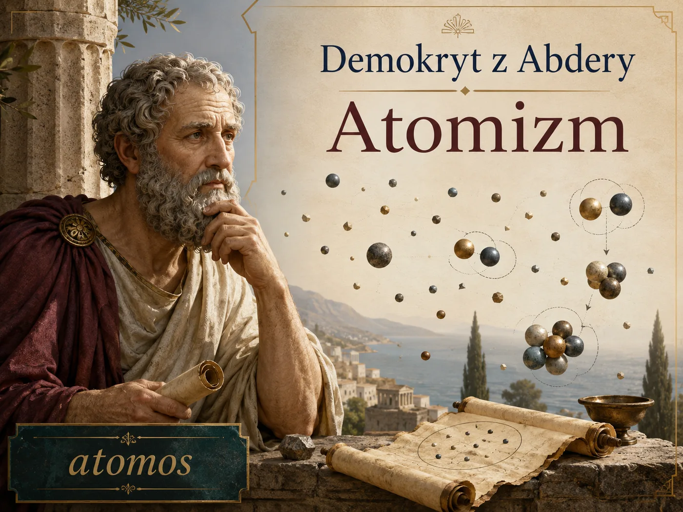 Ilustracja idei atomu Demokryta — starożytny filozof i symboliczne drobne cząstki materii w pustej przestrzeni.