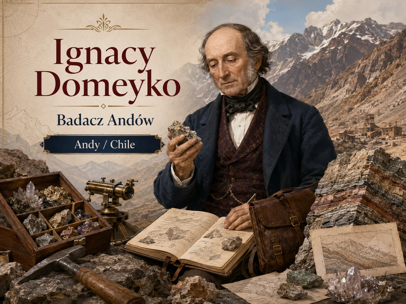 Ilustracja badań Domeyki — geolog z próbkami skał w andyjskich górach Chile.