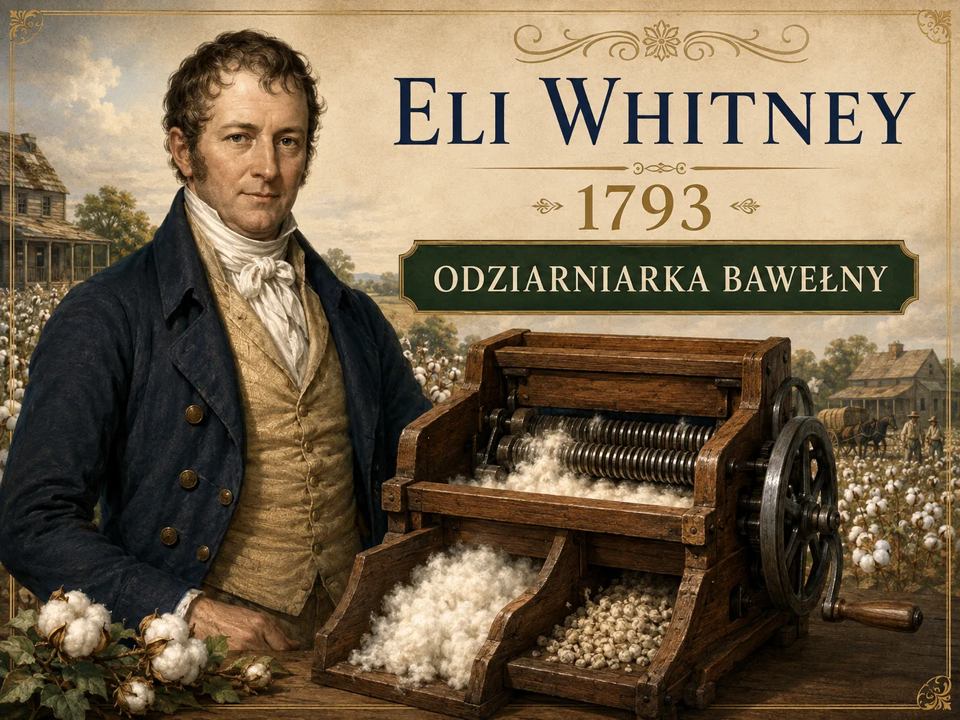 Ilustracja odziarniarki bawełny — bęben z haczykami oddzielający włókno od nasion bawełny.