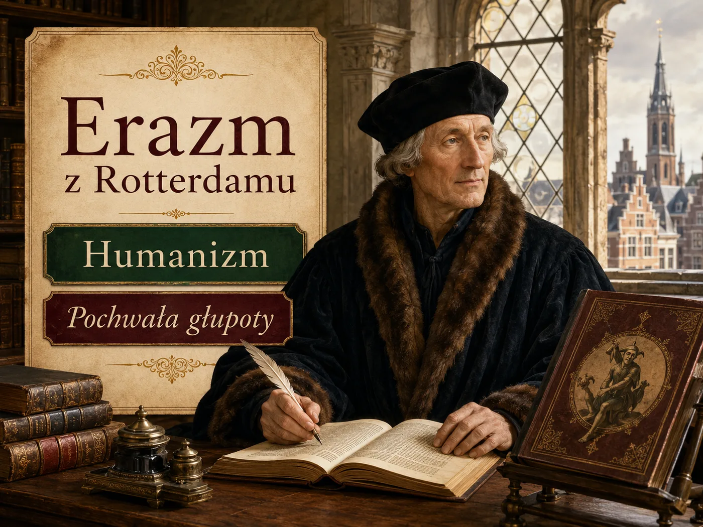 Ilustracja humanizmu Erazma — uczony w pracowni z księgami i piórem, w duchu renesansowej nauki.