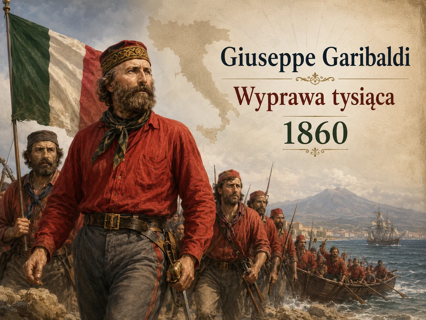Ilustracja wyprawy tysiąca — Garibaldi w czerwonej koszuli prowadzący ochotników ku zjednoczeniu Włoch.