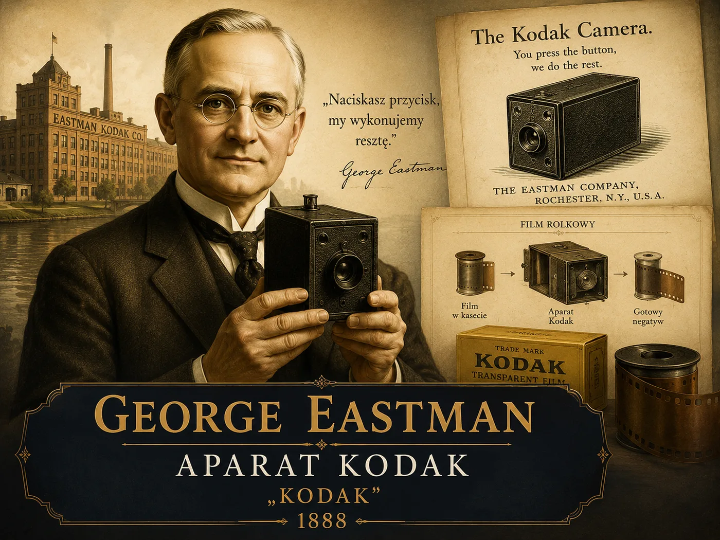 Ilustracja aparatu Kodak — pudełkowy aparat na film zwojowy i rolka błony fotograficznej.