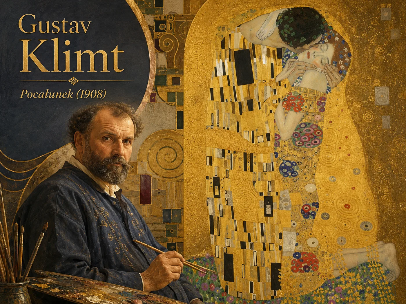 Ilustracja „Pocałunku” Klimta — spleciona para w złocistych, zdobnych szatach na złotym tle, secesyjny ornament.