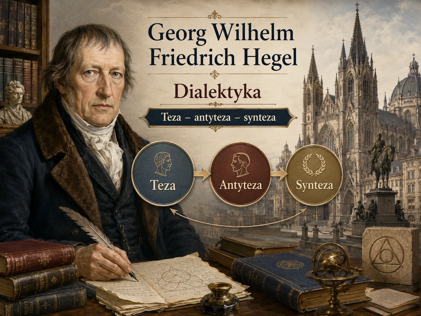 Ilustracja dialektyki Hegla — schemat teza–antyteza–synteza jako motor rozwoju myśli i dziejów.