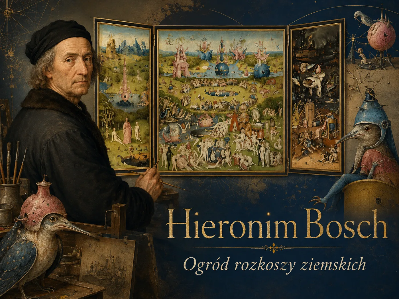 Ilustracja „Ogrodu rozkoszy ziemskich” — fantastyczny tryptyk z groteskowymi stworami oraz scenami raju i piekła.