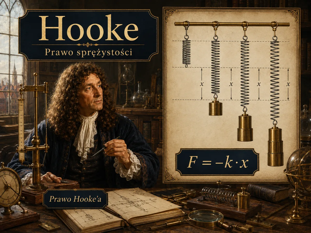 Ilustracja prawa Hooke’a — sprężyna rozciągana siłą: wydłużenie rośnie proporcjonalnie do obciążenia (F = k·x).