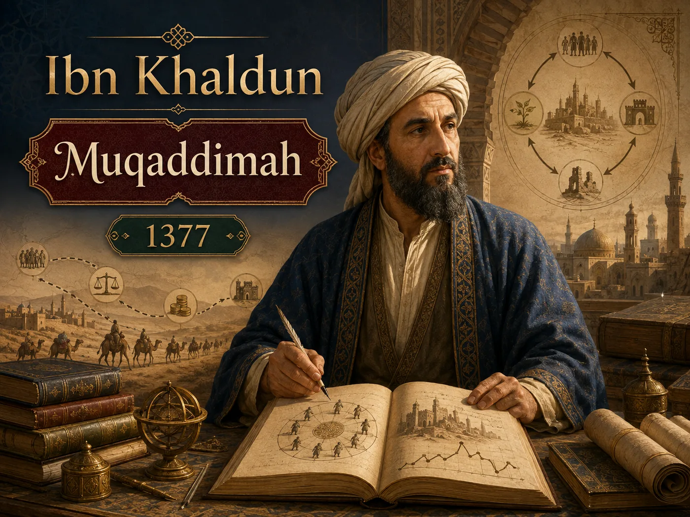 Ilustracja „Muqaddimah” Ibn Khalduna — uczony z wielką księgą, panorama miasta i karawany, motyw wzrostu i upadku cywilizacji.