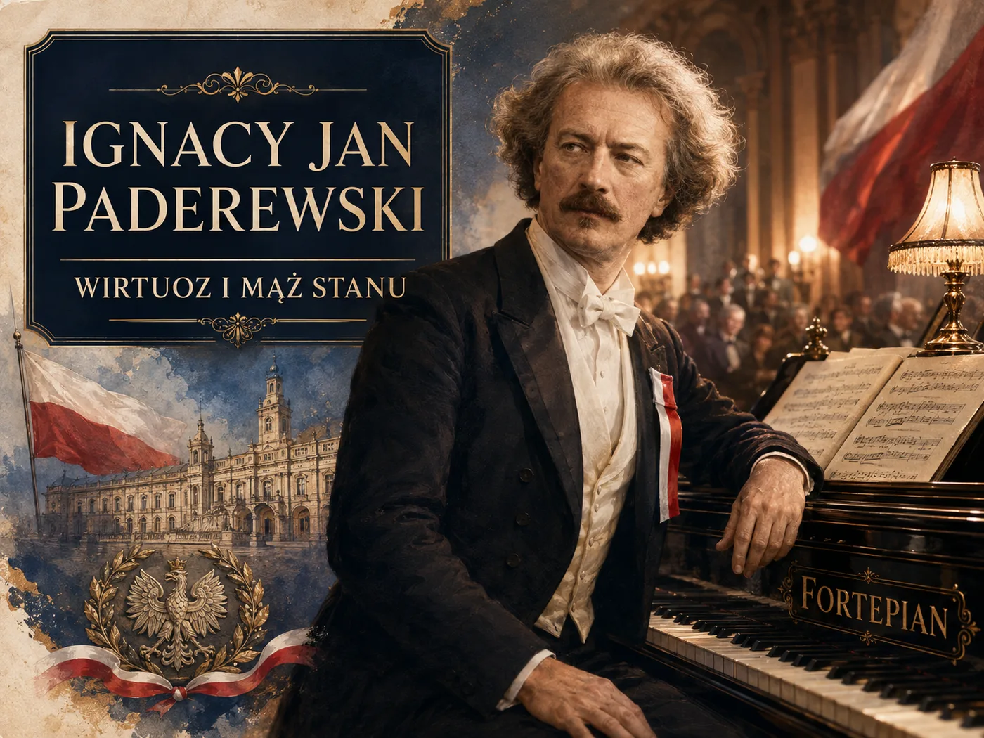 Ilustracja Paderewskiego — wirtuoz przy fortepianie na wielkiej estradzie koncertowej.