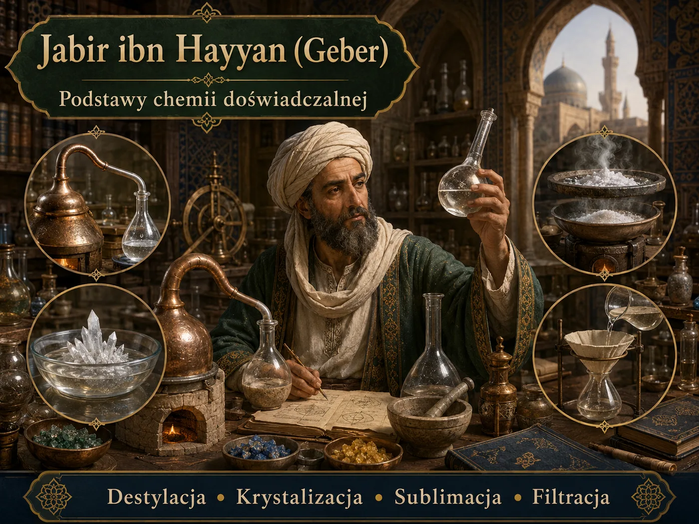 Ilustracja narodzin chemii — uczony w laboratorium złotego wieku islamu z aparaturą do destylacji (alembik).