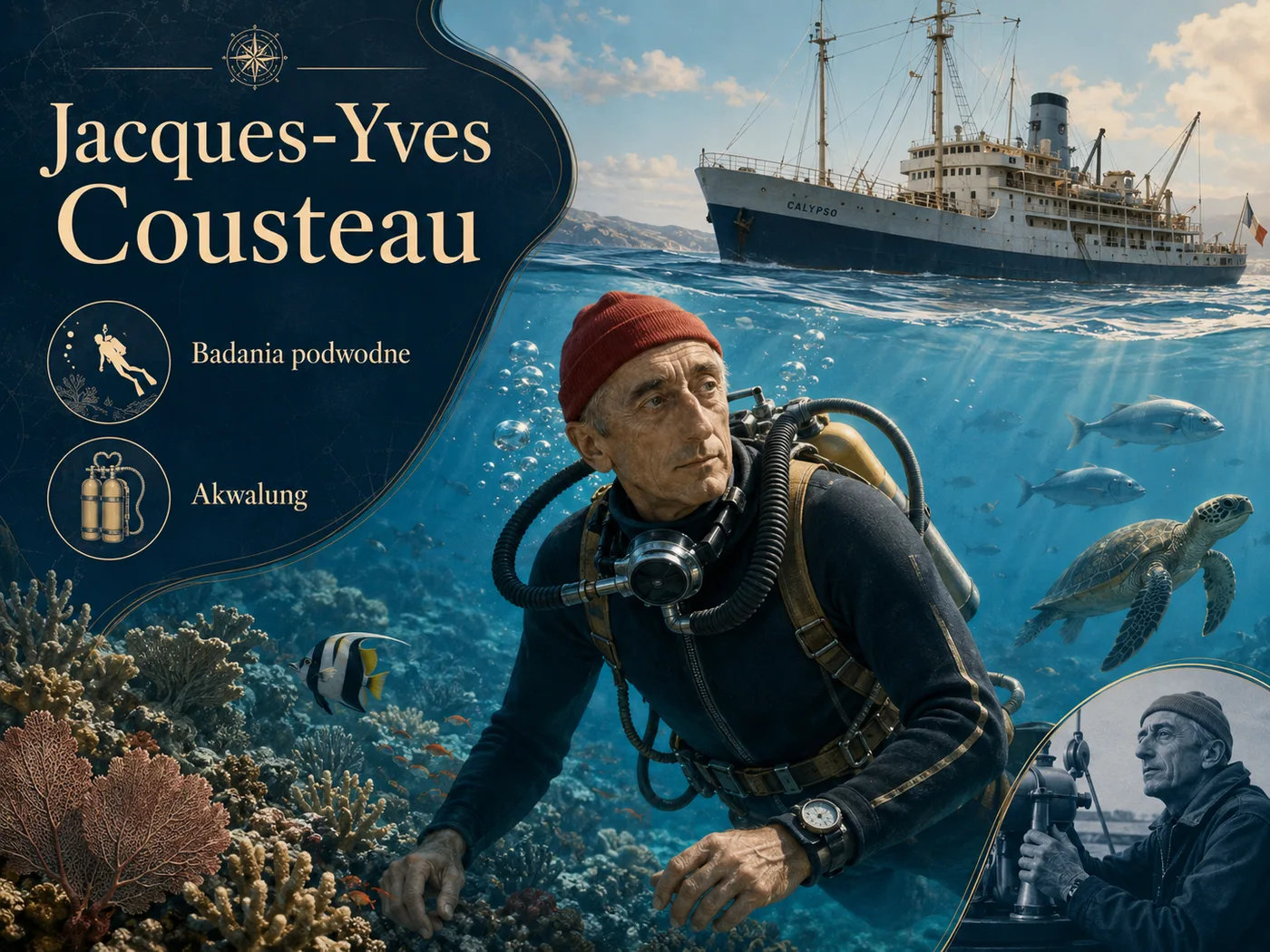 Ilustracja podwodnego świata Cousteau — nurek z akwalungiem wśród ryb i raf koralowych.