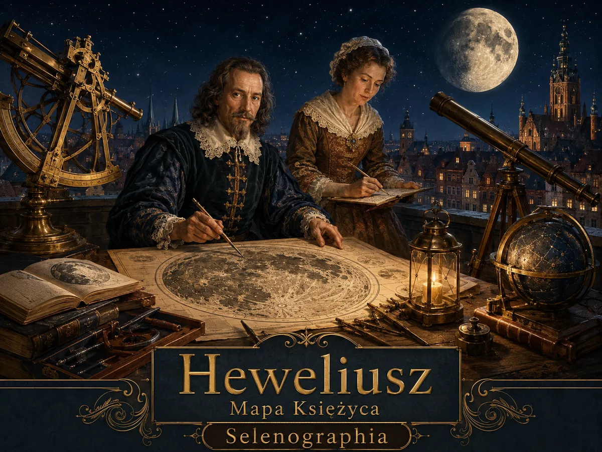 Ilustracja przedstawiająca Jana Heweliusza — gdańskiego astronoma z instrumentami i mapą Księżyca; twórcę „Selenographii”.