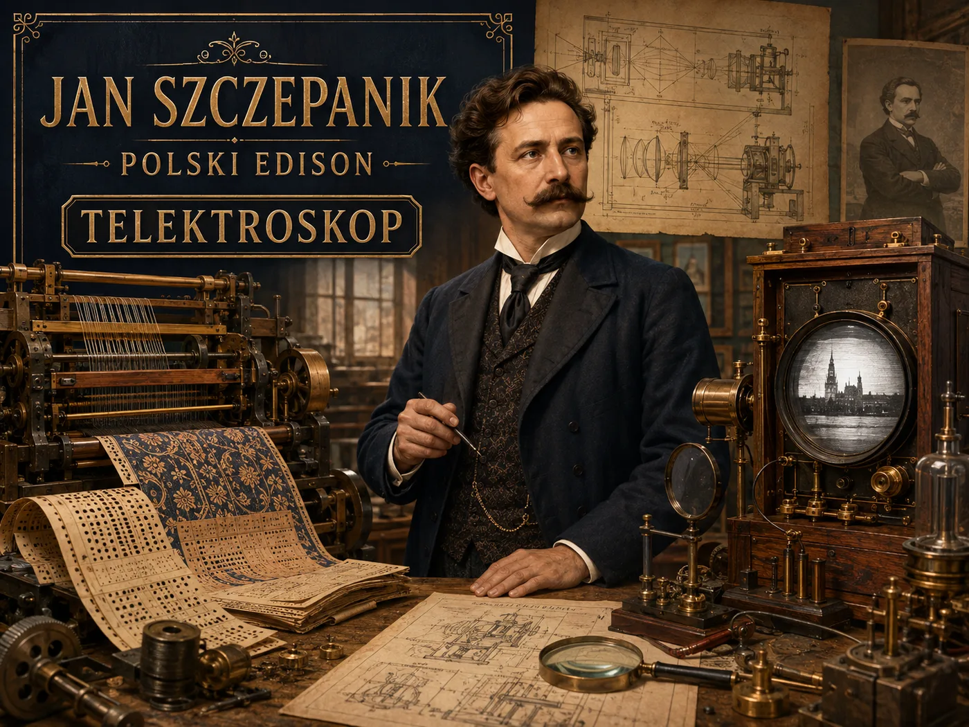 Ilustracja telektroskopu — wczesny układ do przesyłania i odtwarzania obrazu na odległość.