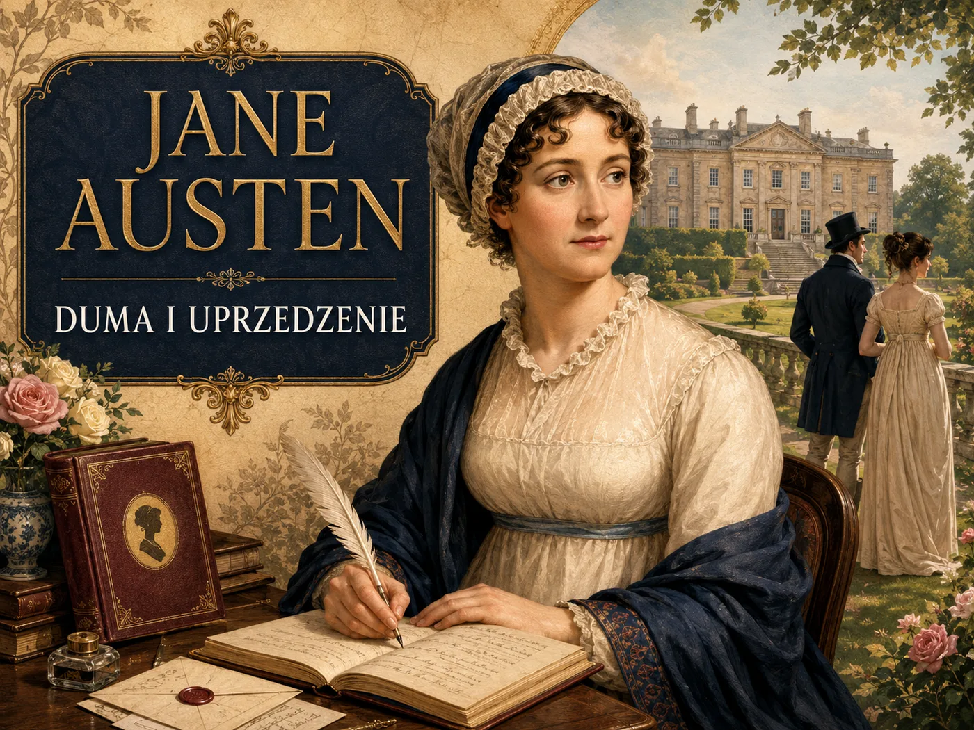 Ilustracja świata Jane Austen — pisarka przy sekretarzyku i scena balu angielskiej prowincji.
