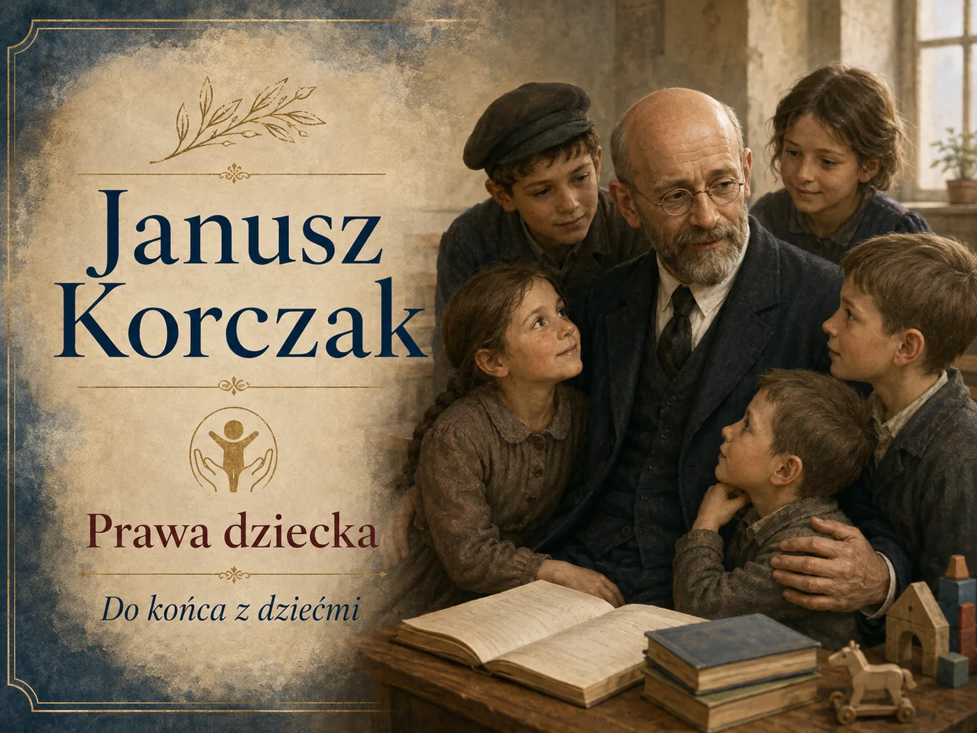 Ilustracja idei Korczaka — pedagog wśród dzieci w domu sierot opartym na ich prawach.