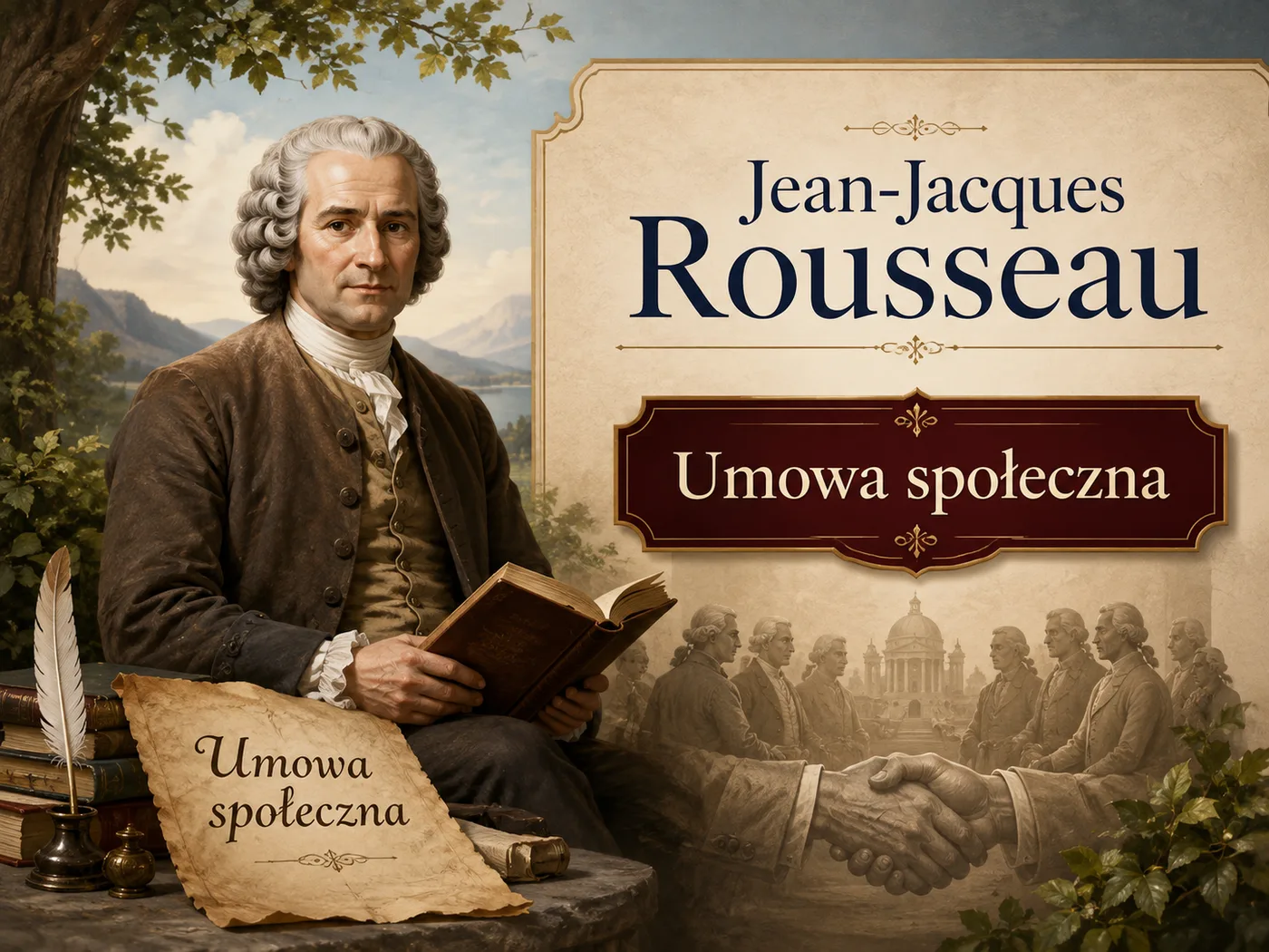 Ilustracja „Umowy społecznej” Rousseau — obywatele zawierający wspólny pakt o władzy i wolności.