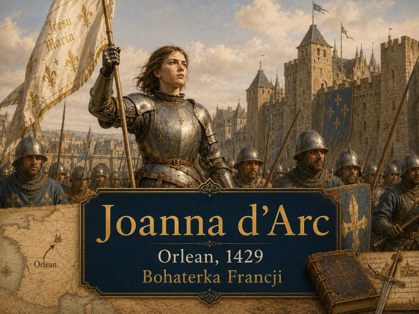 Ilustracja odsieczy Orleanu — Joanna d’Arc w zbroi ze sztandarem prowadząca rycerzy pod murami miasta.