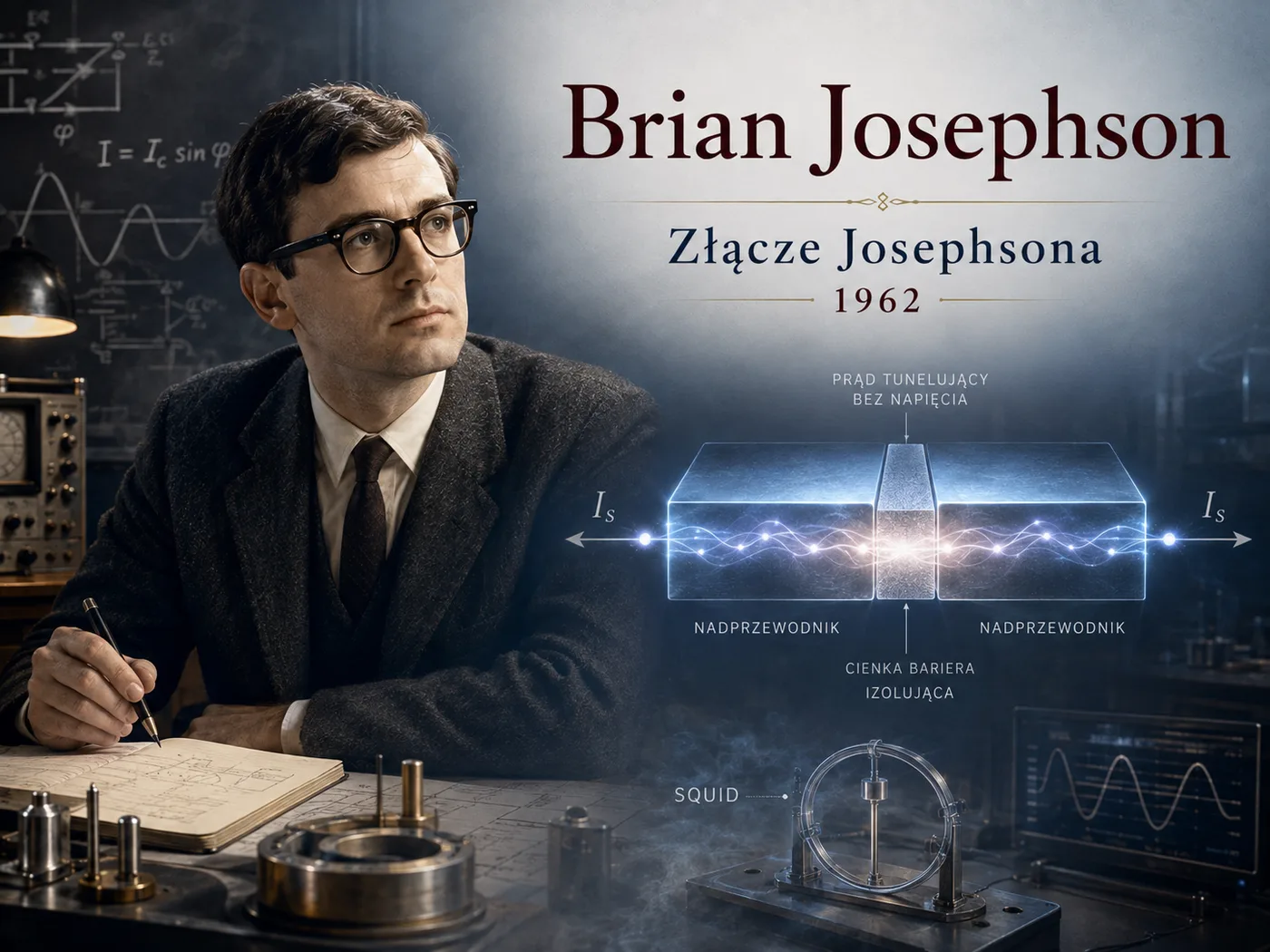 Ilustracja złącza Josephsona — dwa nadprzewodniki przedzielone cienką barierą z płynącym przez nią prądem.