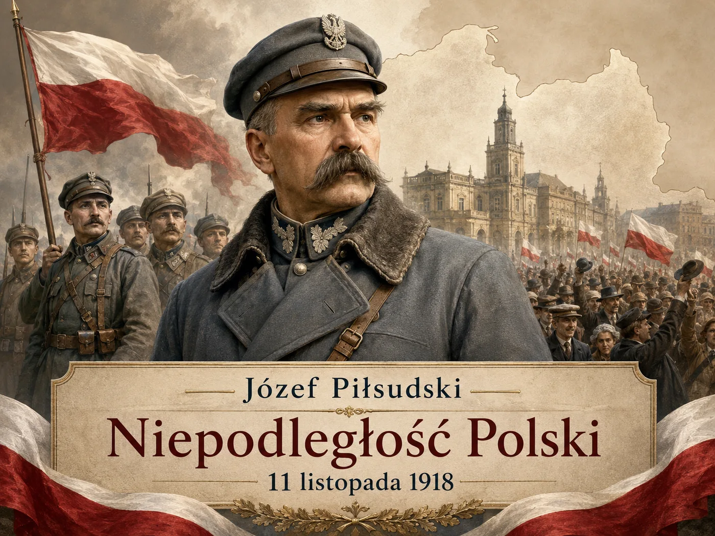 Ilustracja odzyskania niepodległości — Józef Piłsudski wśród legionistów w listopadzie 1918 roku.