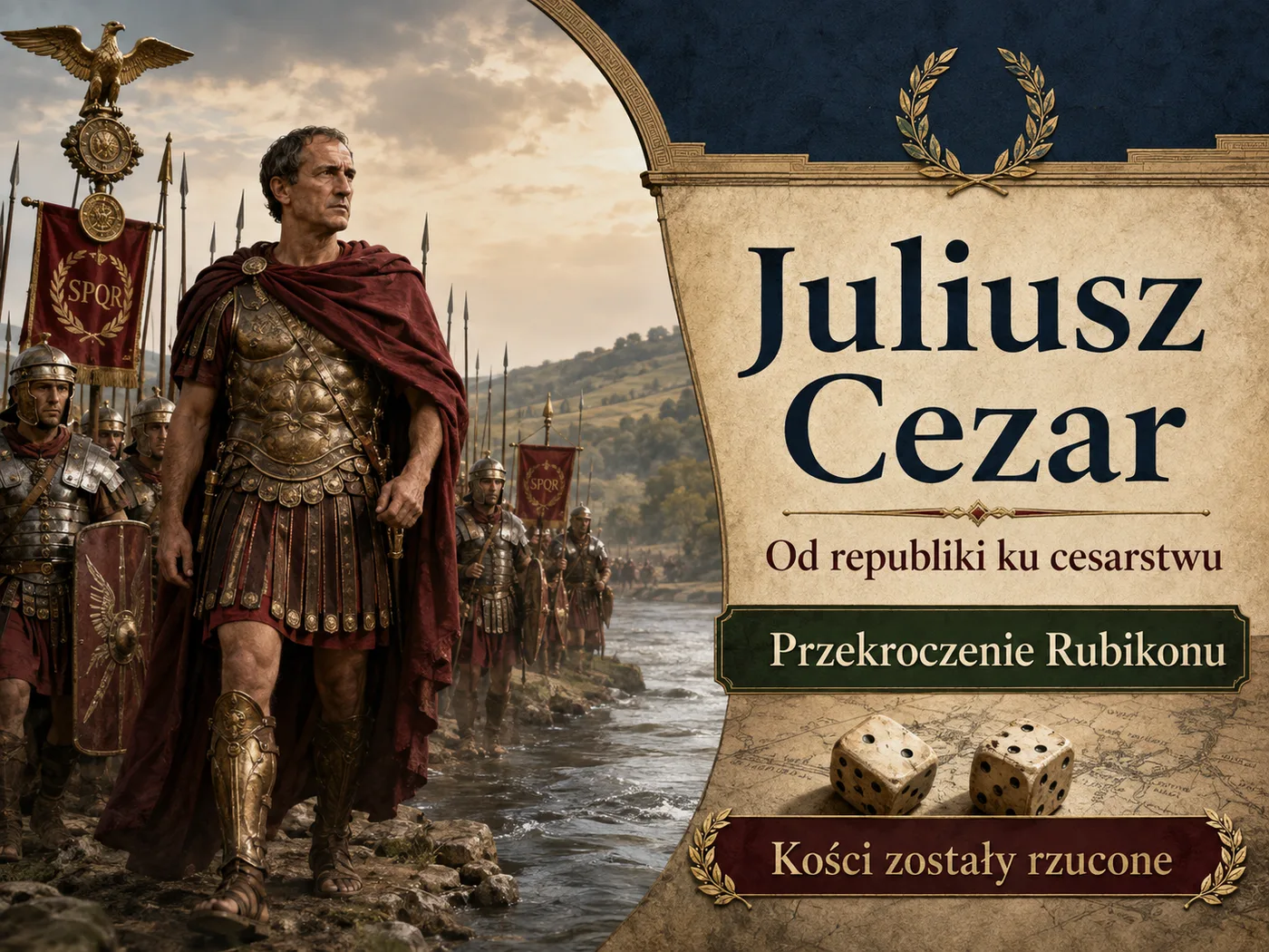 Ilustracja Juliusza Cezara — wódz w todze wśród legionów, przekraczający Rubikon.