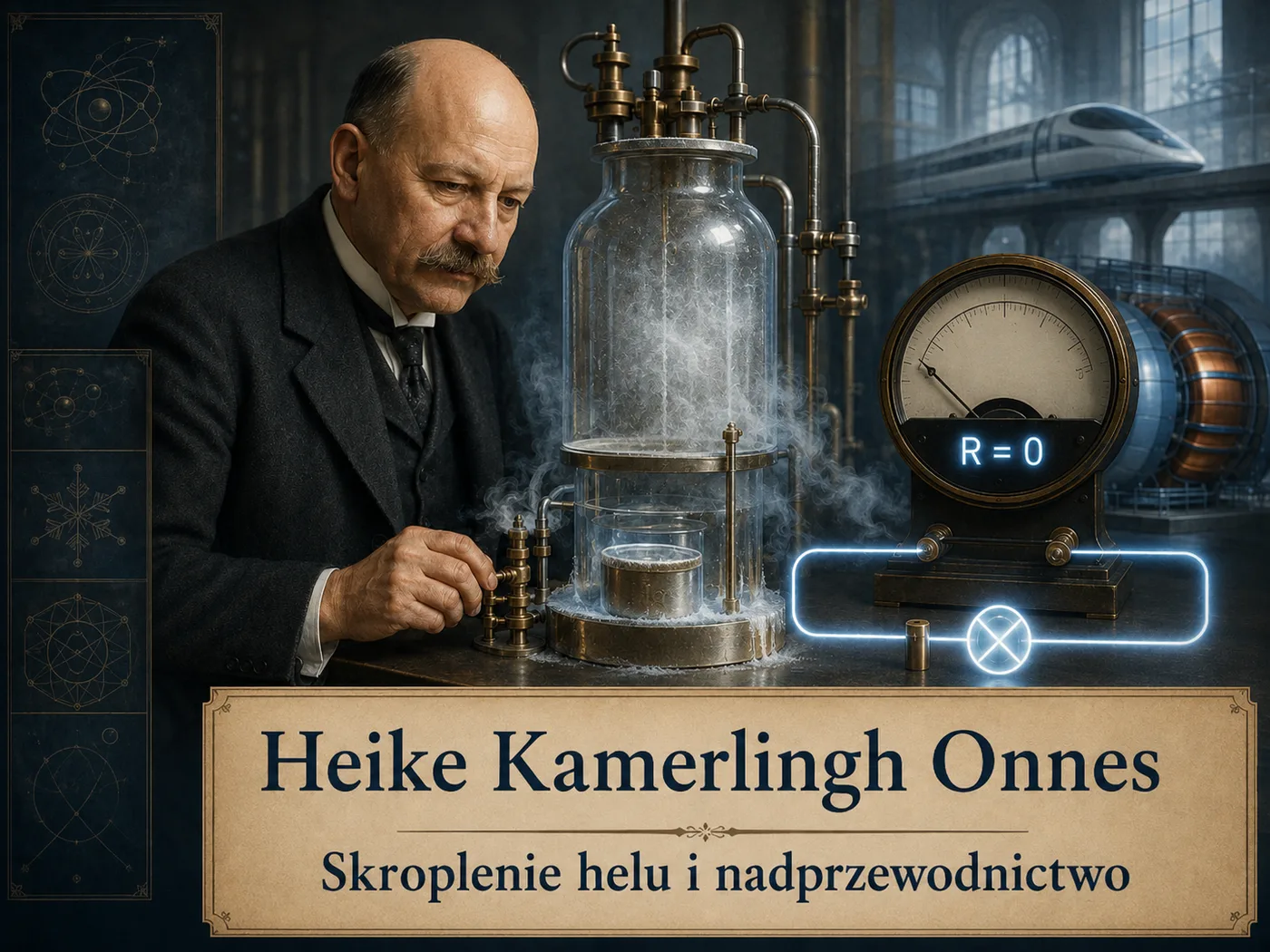Ilustracja nadprzewodnictwa — laboratorium niskich temperatur, naczynia z ciekłym helem i miernik oporu wskazujący zero.