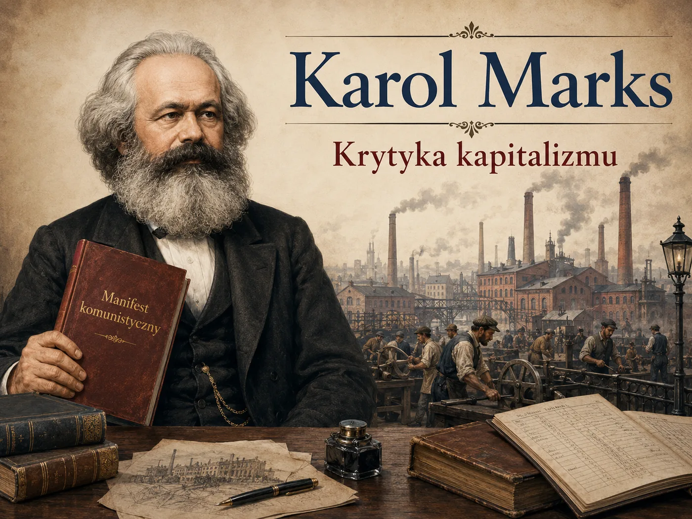 Ilustracja krytyki kapitalizmu Marksa — fabryki, robotnicy i księga „Kapitał” jako analiza ustroju.