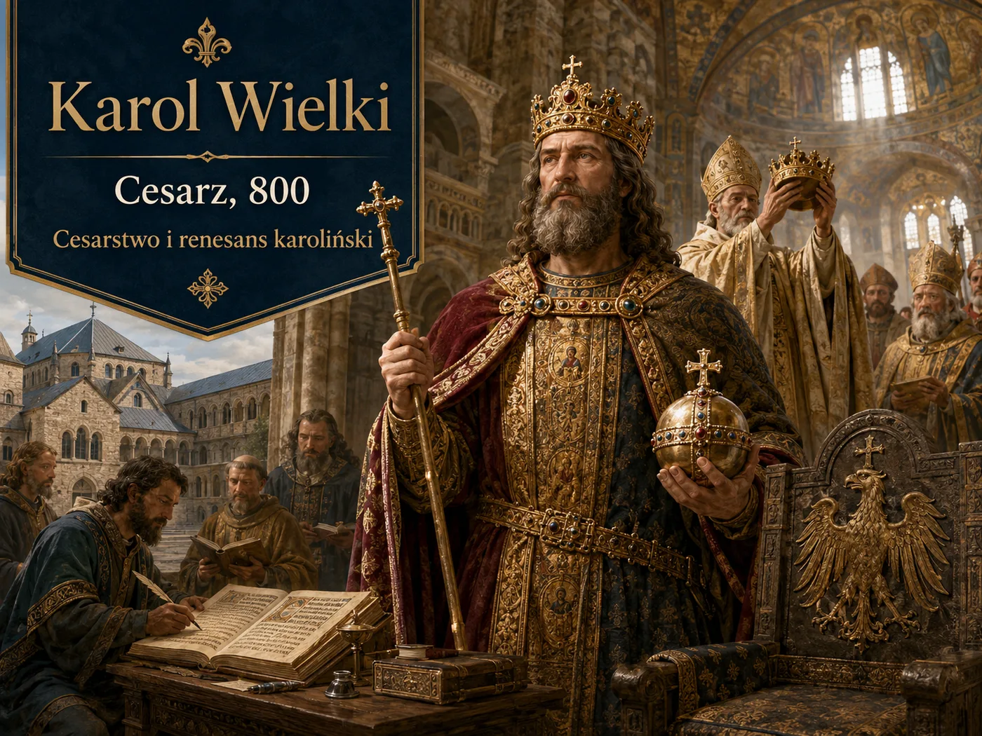 Ilustracja Karola Wielkiego — koronacja cesarska i mapa zjednoczonego imperium Franków.