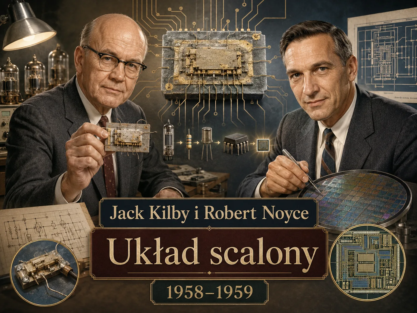 Ilustracja układu scalonego — krzemowa płytka z gęstą siecią połączeń pod mikroskopem.