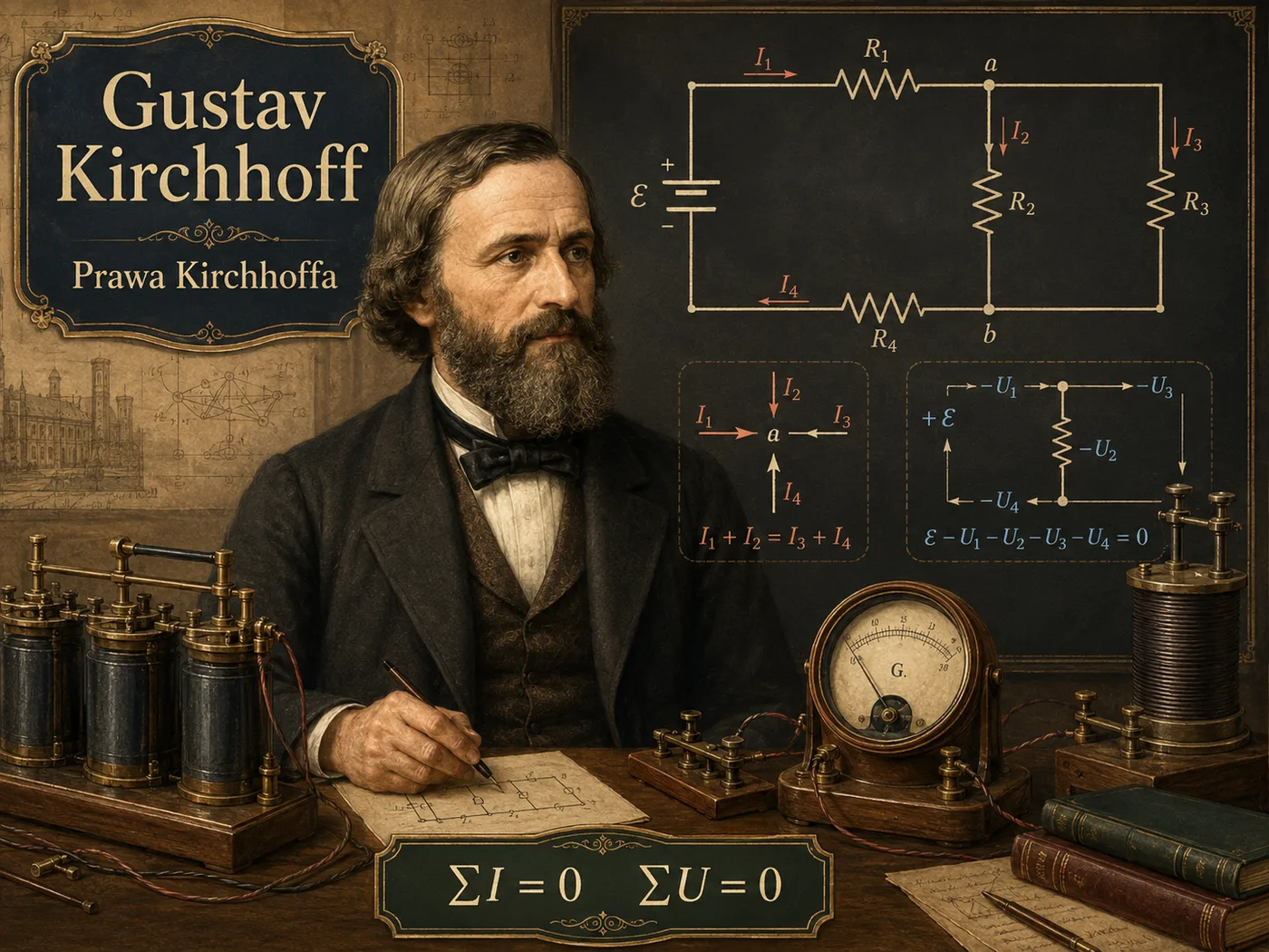 Ilustracja praw Kirchhoffa — rozgałęziony obwód z zaznaczonymi węzłami i oczkami, ogniwa i mierniki.