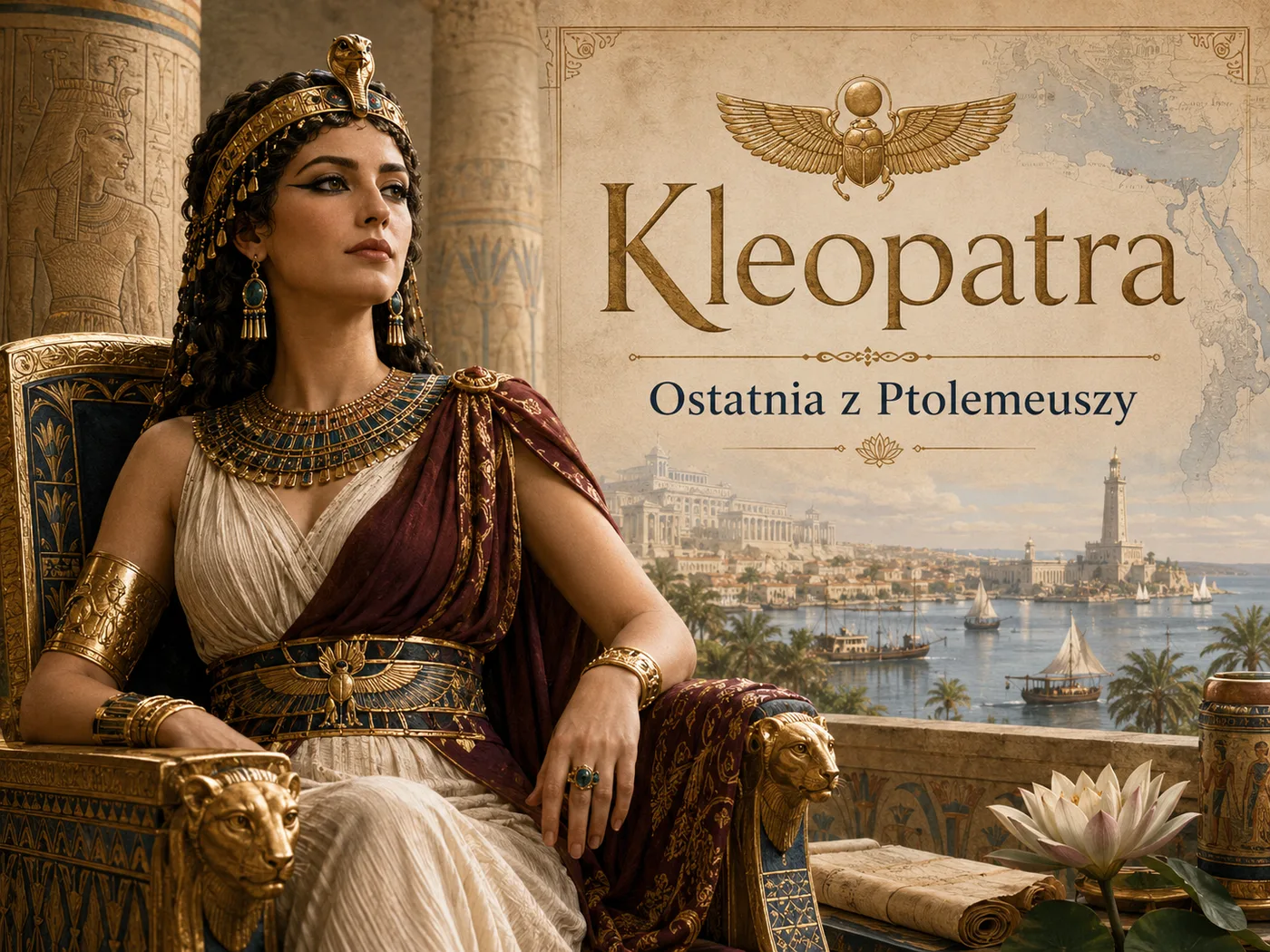Ilustracja Kleopatry — królowa Egiptu w stroju ptolemejskim na tle świątyń i Nilu.