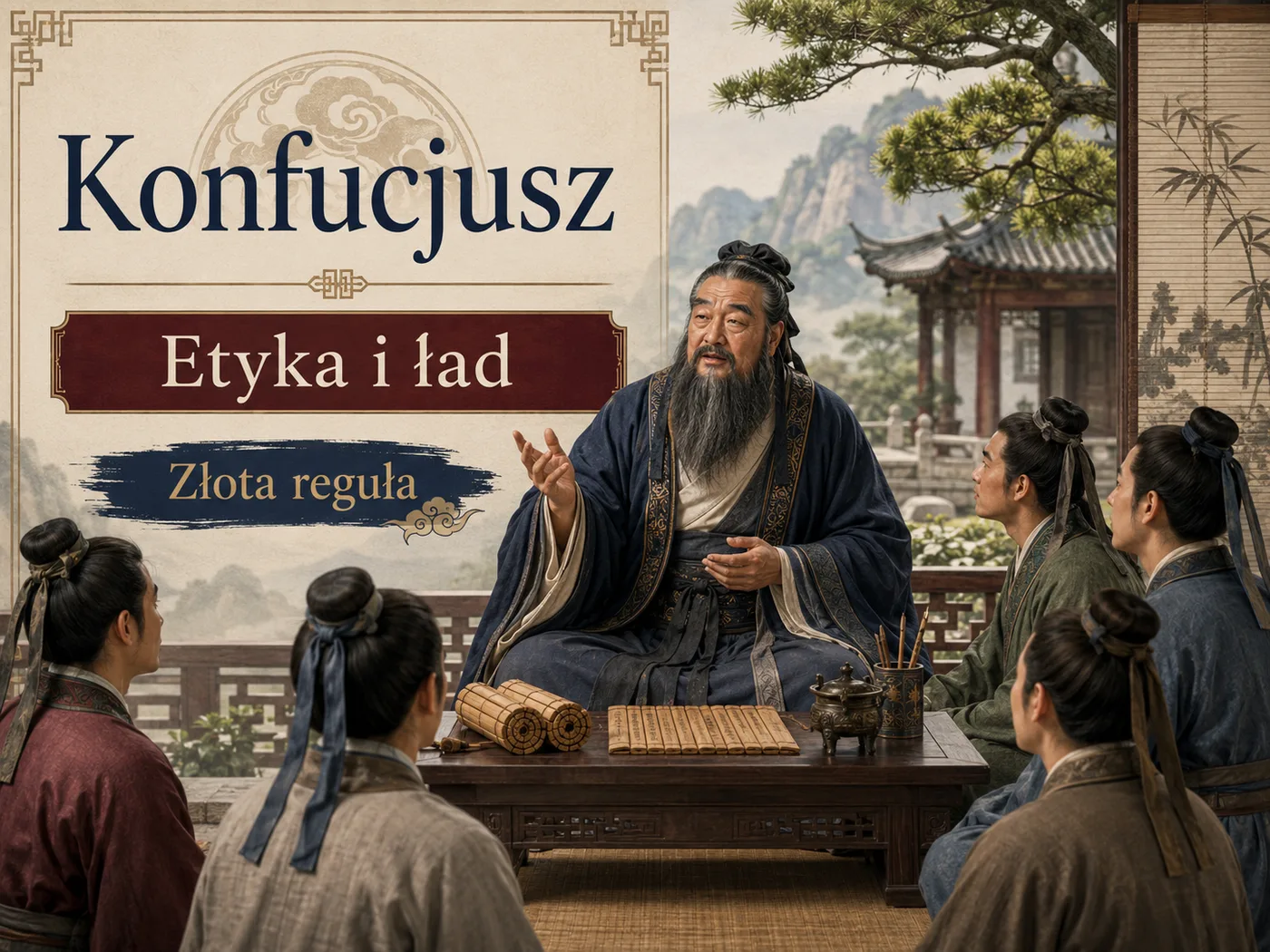 Ilustracja nauk Konfucjusza — mędrzec pośród uczniów, symbole ładu i harmonii społecznej.