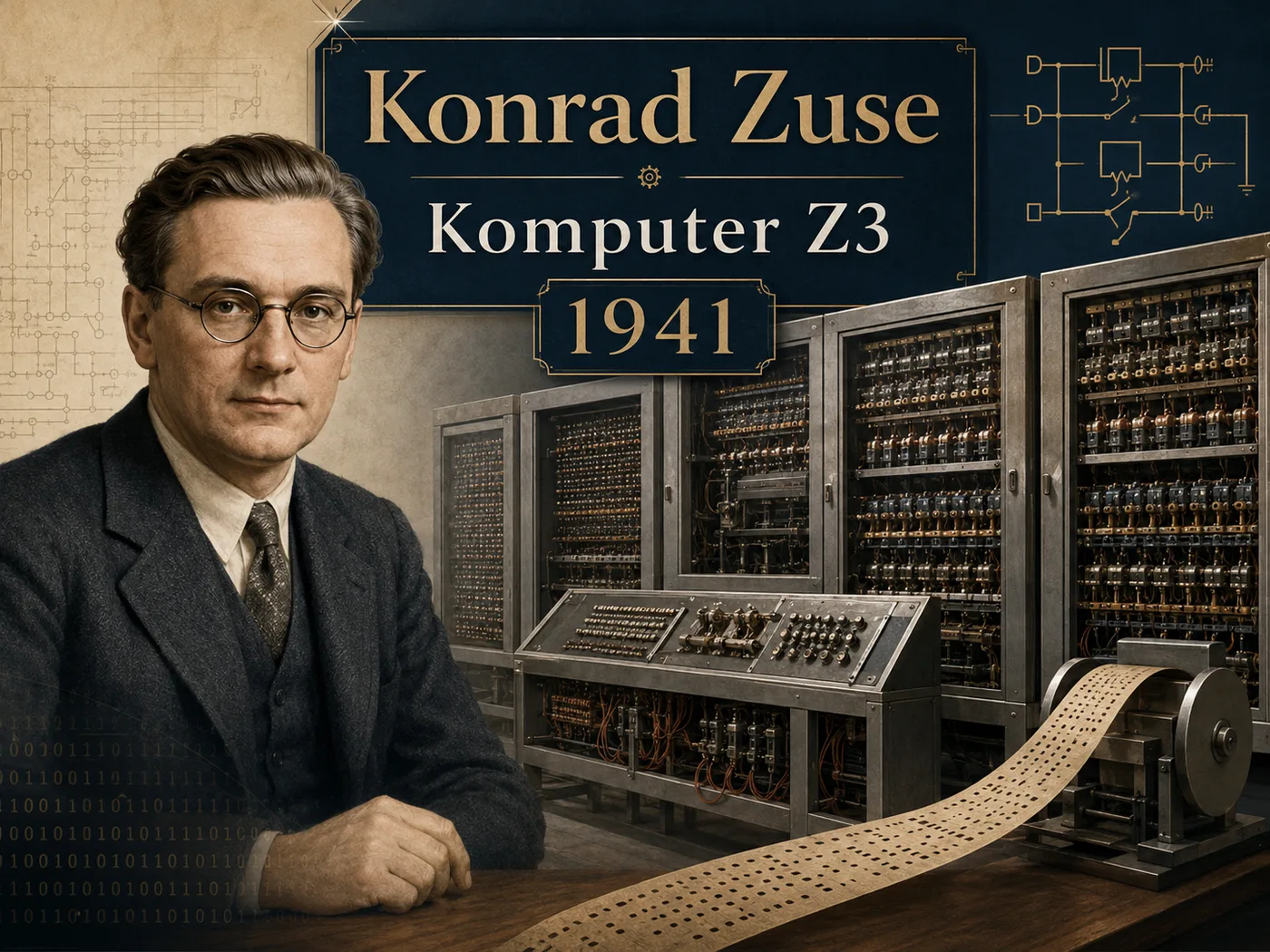 Ilustracja komputera Z3 — inżynier przy wielkiej maszynie z przekaźnikami i taśmą programu, warsztat lat 40.